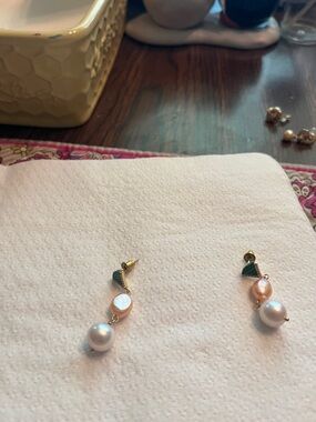 Pearl Drop Earrings with Green Leaf Accent - Women Jewelry worn maybe twice